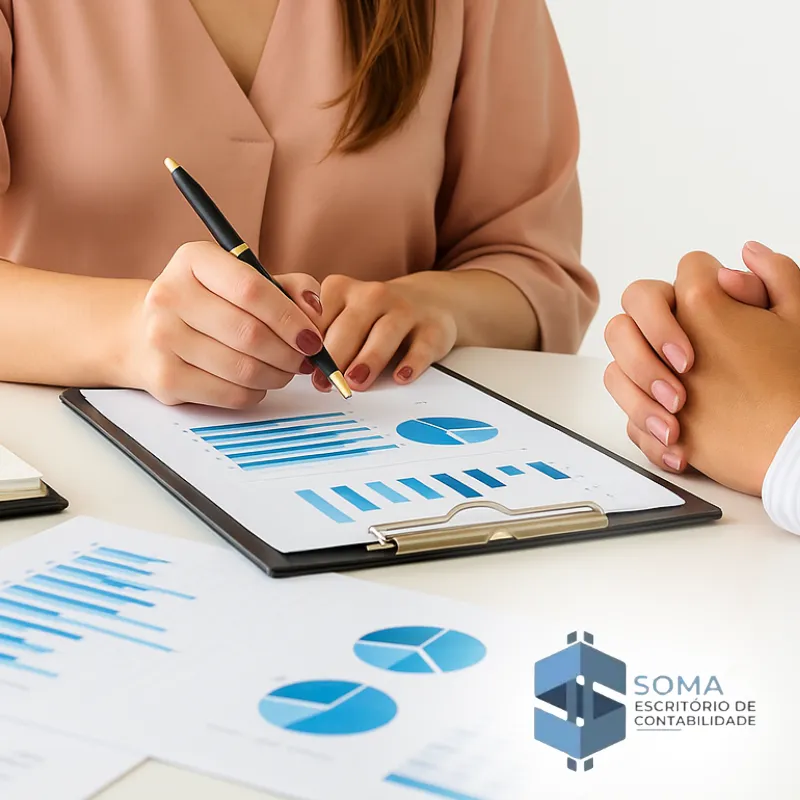 Imagem de uma mulher oferecendo assessoria empresarial, analisando gráficos e dados com um cliente.