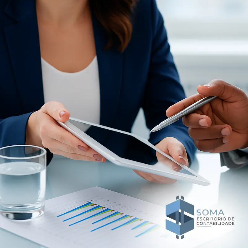 Imagem de uma mulher oferecendo assessoria empresarial, segurando um tablet e atendendo um cliente.