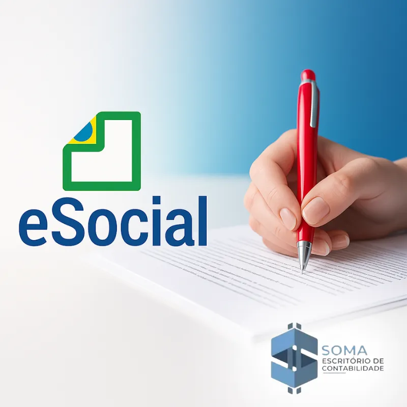 Logo do E-Social com mão segurando uma caneta sobre documentos, representando gestão e conformidade.