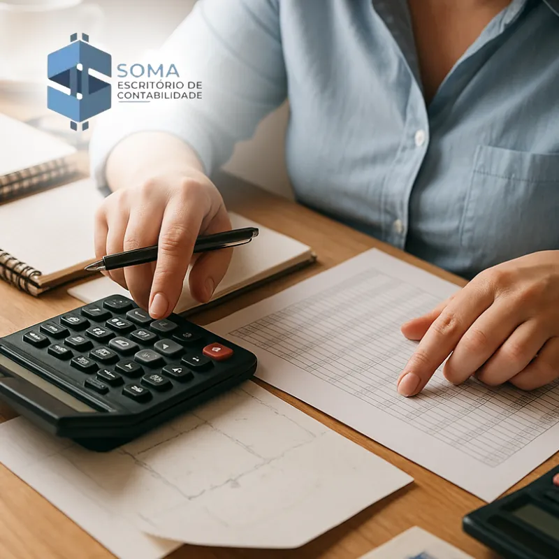 Mulher trabalhando em escritório de contabilidade em Catanduva usando calculadora e analisando planilhas.