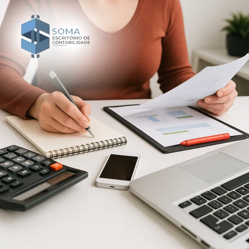 Profissional de escritório de contabilidade em Catanduva analisando documentos e fazendo anotações.